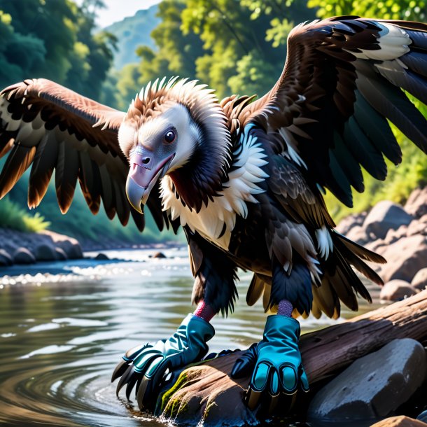 Foto de un buitre en guantes en el río