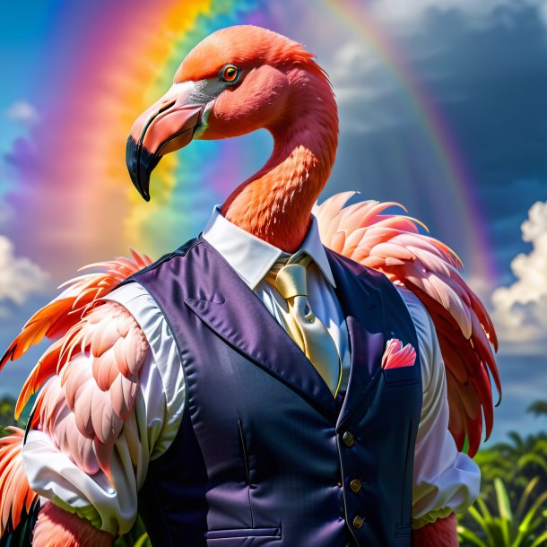 Pic of a flamingo in a vest on the rainbow