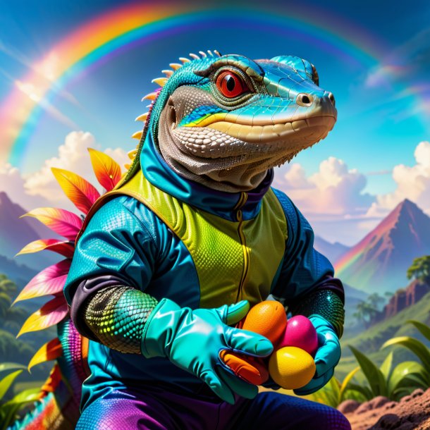 Pic of a monitor lizard in a gloves on the rainbow