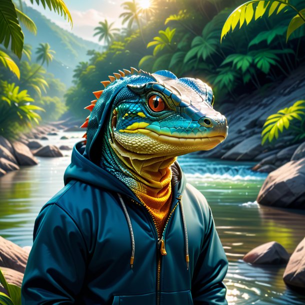 Ilustração de um monitor lagarto em um hoodie no rio