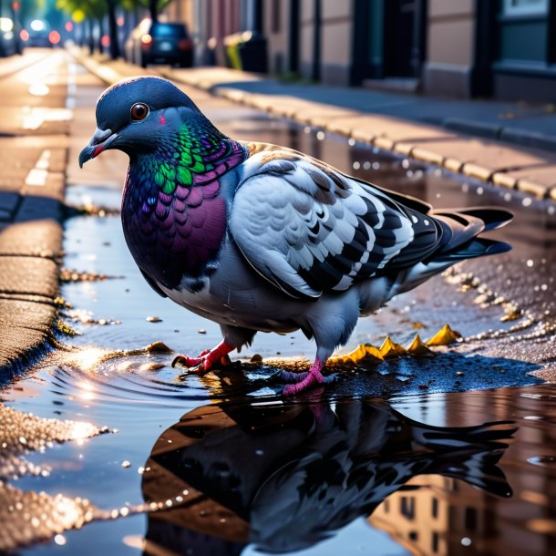 Pic d'un pigeon dans un gants dans la flaque