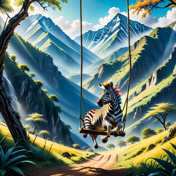 Image of a swinging on a swing of a zebra in the mountains