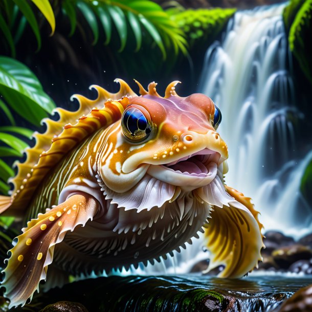 Photo of a smiling of a cuttlefish in the waterfall