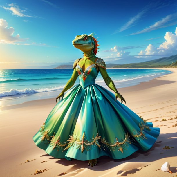 Illustration of a lizard in a dress on the beach