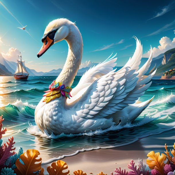 Illustration of a swan in a shoes in the sea