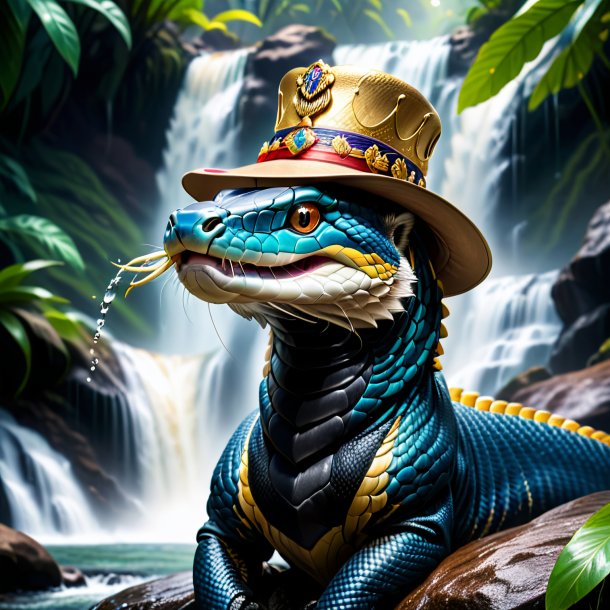 Image of a king cobra in a hat in the waterfall