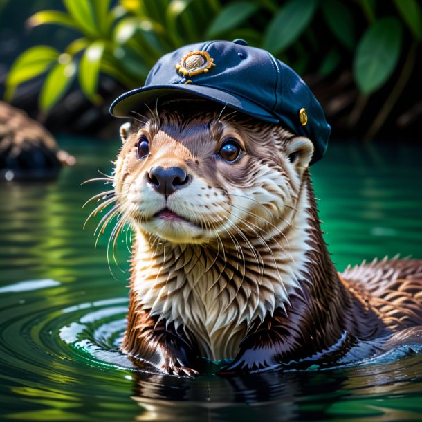 Photo of a otter in a cap in the water