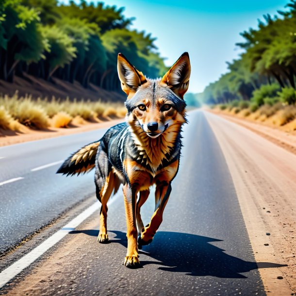 Image of a dancing of a jackal on the road