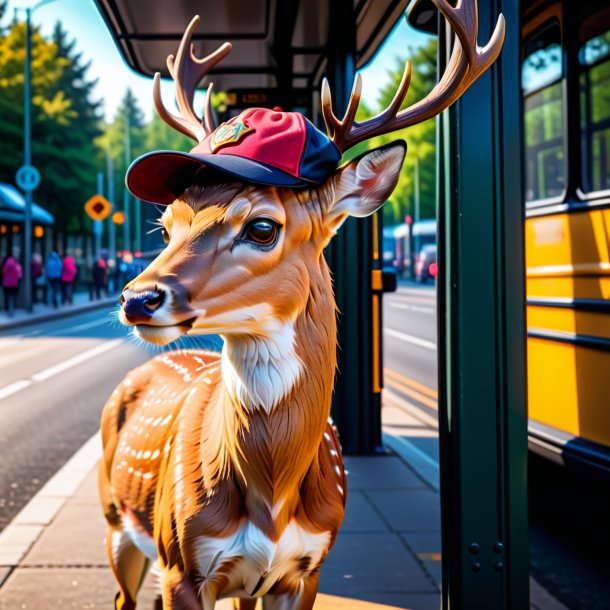 Pic d'un cerf dans une casquette sur l'arrêt de bus