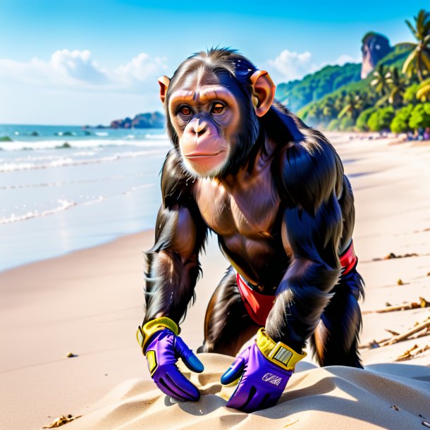 Picture of a chimpanzee in a gloves on the beach