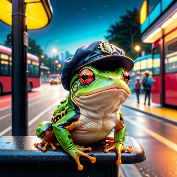 Pic of a frog in a cap on the bus stop