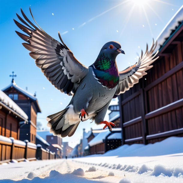 Pic of a jumping of a pigeon in the snow