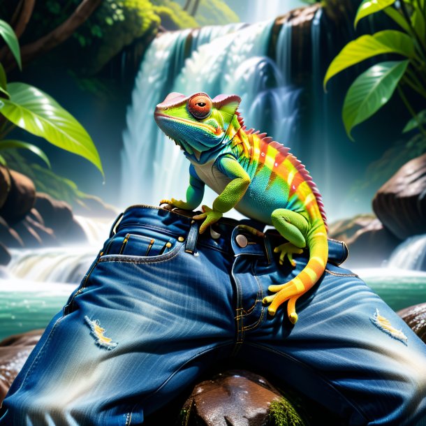 Picture of a chameleon in a jeans in the waterfall