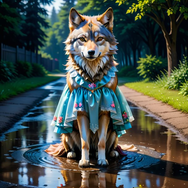 Foto de un lobo en un vestido en el charco