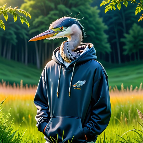 Picture of a heron in a hoodie in the meadow