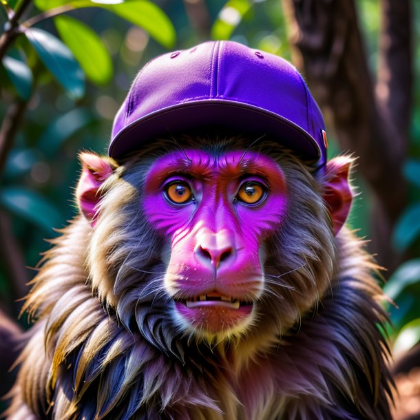 Photo of a baboon in a purple cap