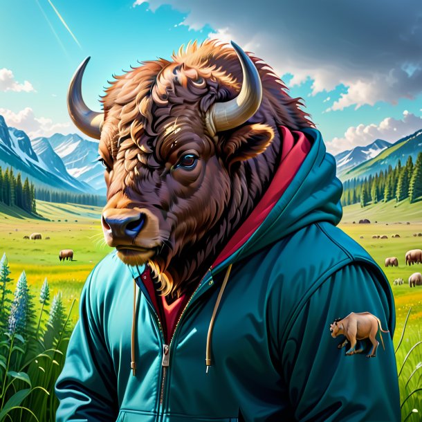 Drawing of a bison in a hoodie in the meadow