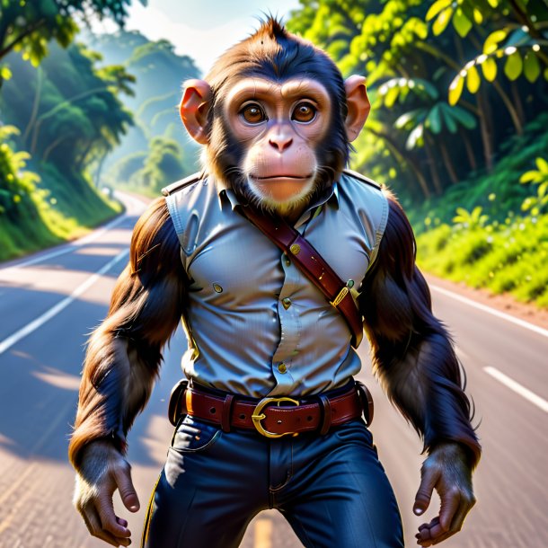 Pic of a monkey in a belt on the road