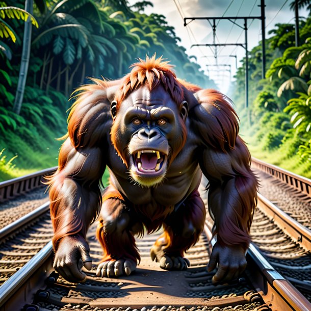 Image of a angry of a orangutan on the railway tracks