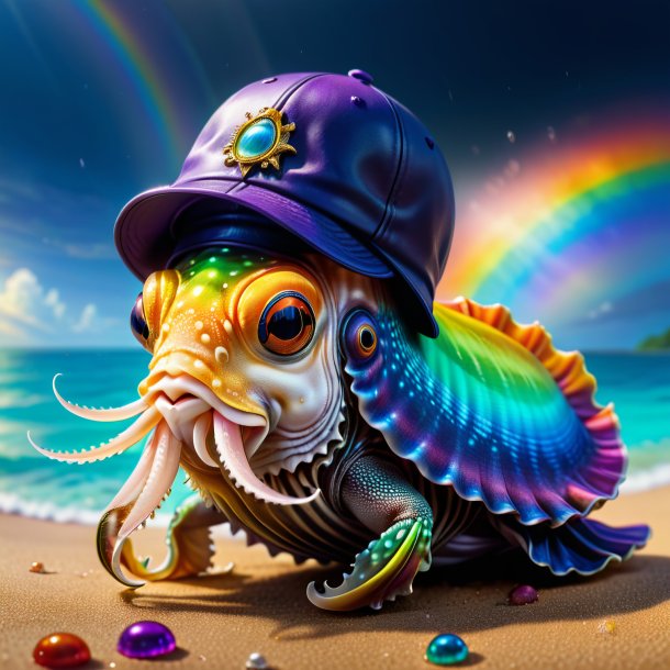 Drawing of a cuttlefish in a cap on the rainbow