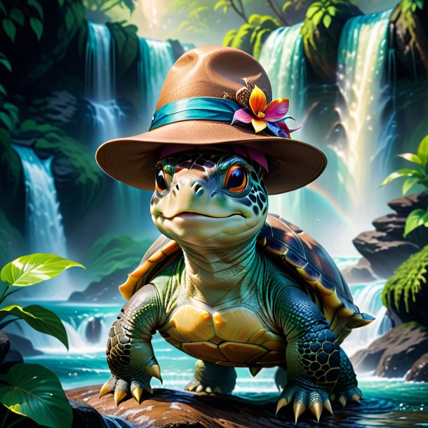 Illustration of a turtle in a hat in the waterfall