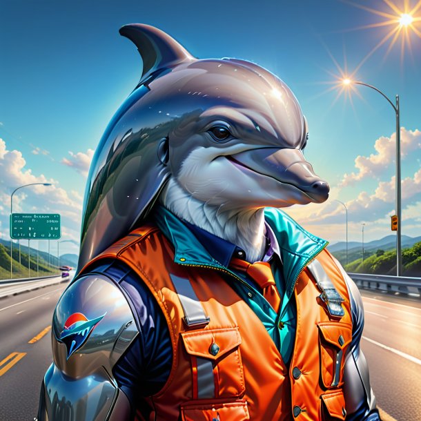 Drawing of a dolphin in a vest on the highway