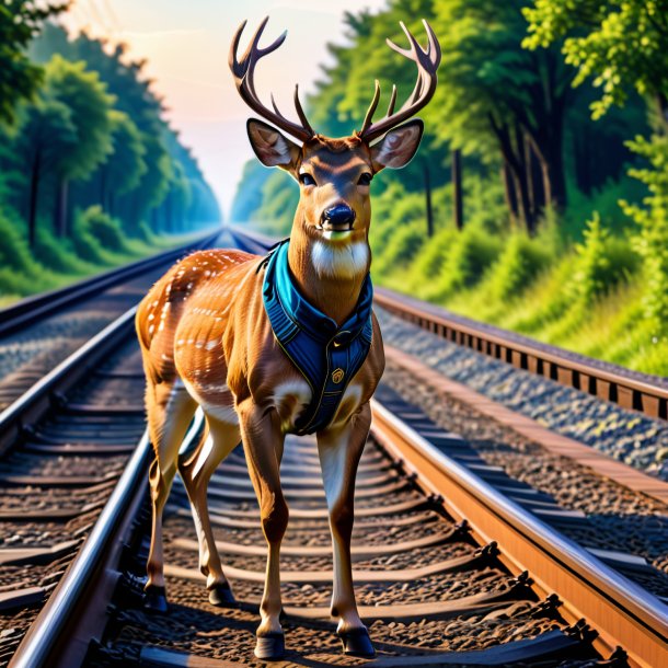 Picture of a deer in a trousers on the railway tracks