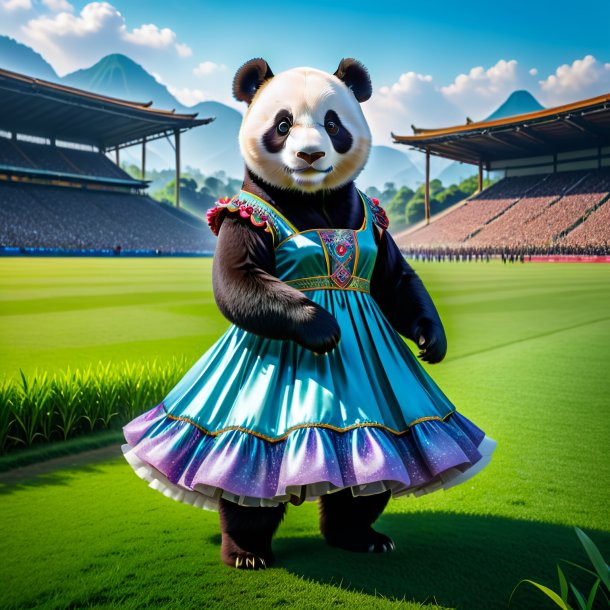 Foto de un panda gigante en un vestido en el campo