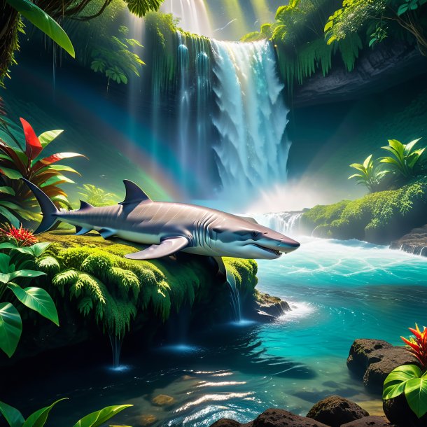 Image of a sleeping of a hammerhead shark in the waterfall