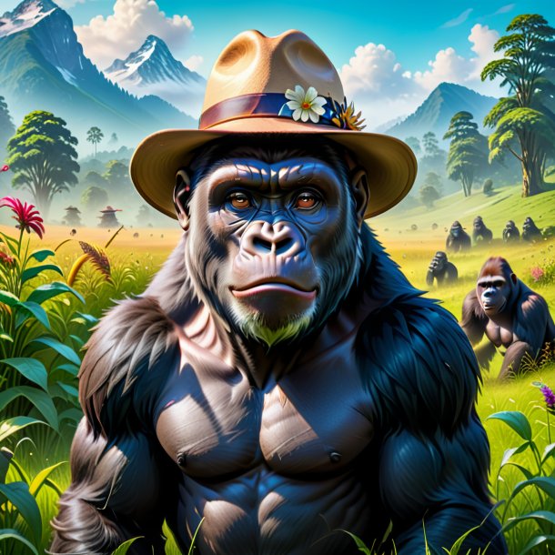 Picture of a gorilla in a hat in the meadow