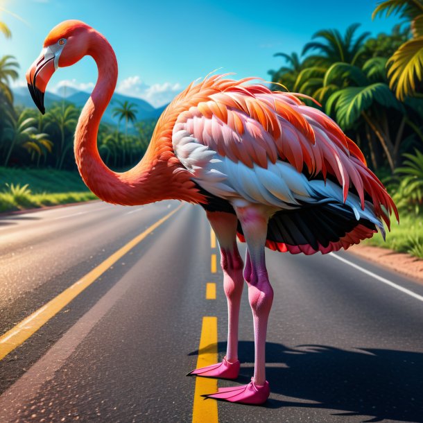 Drawing of a flamingo in a skirt on the road