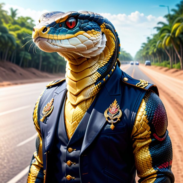 Drawing of a king cobra in a vest on the road
