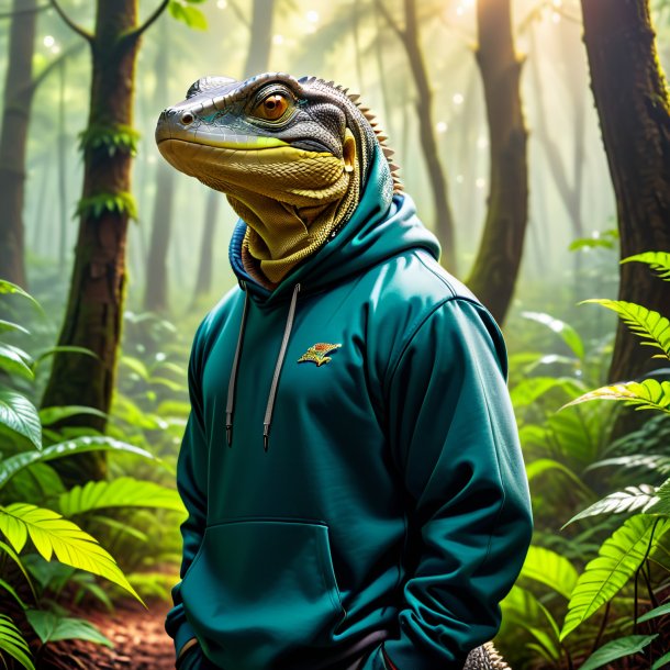 Picture of a monitor lizard in a hoodie in the forest