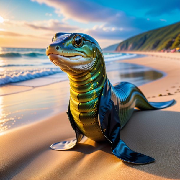 Photo of a eel in a coat on the beach