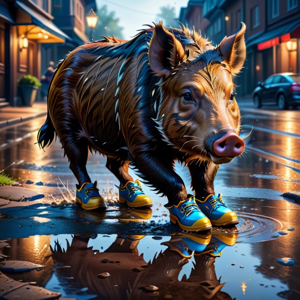 Drawing of a boar in a shoes in the puddle