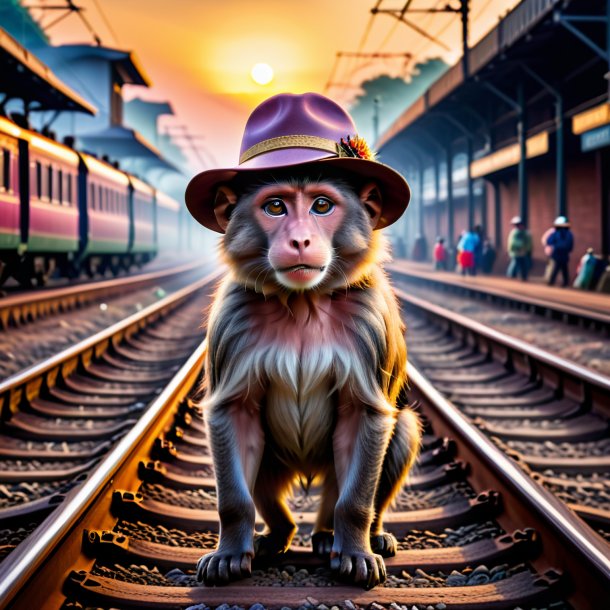 Photo of a baboon in a hat on the railway tracks