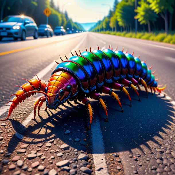 Drawing of a centipede in a gloves on the road