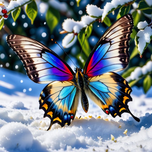 Photo d'un repas d'un papillon dans la neige