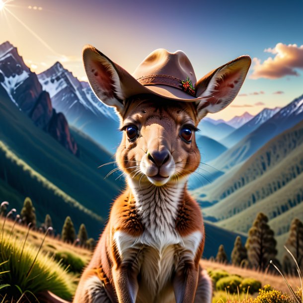 Photo of a kangaroo in a hat in the mountains