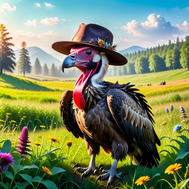 Photo of a vulture in a hat in the meadow