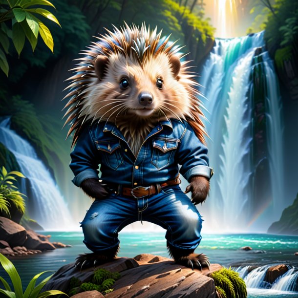 Picture of a porcupine in a jeans in the waterfall