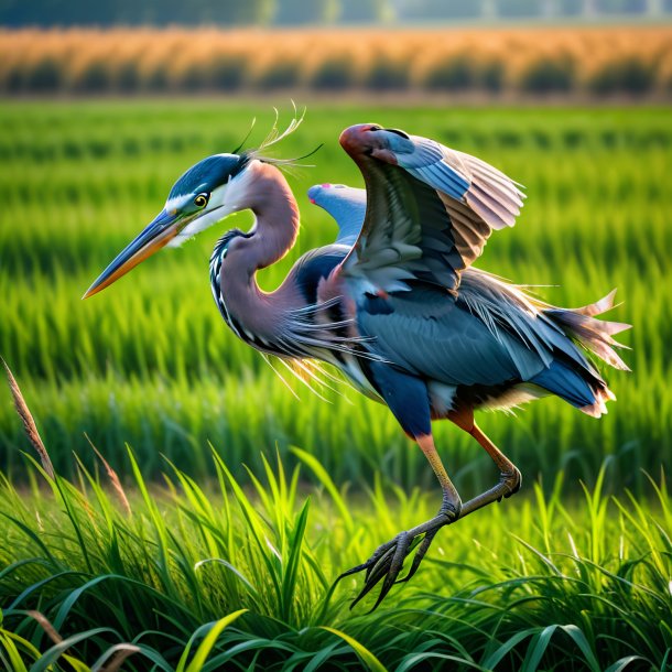 Picture of a jumping of a heron on the field