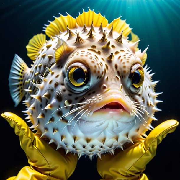 Photo d'un poisson soufflé dans un gants jaune