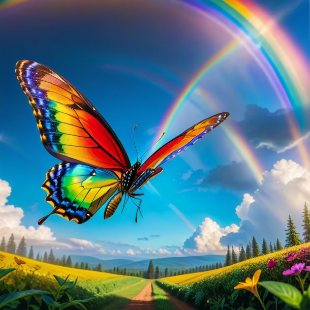 Photo of a jumping of a butterfly on the rainbow