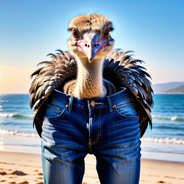 Photo of a ostrich in a jeans on the beach