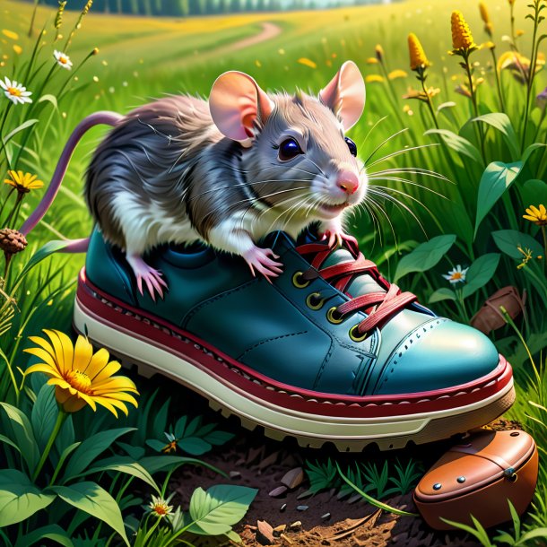 Dessin d'un rat dans une chaussure dans la prairie