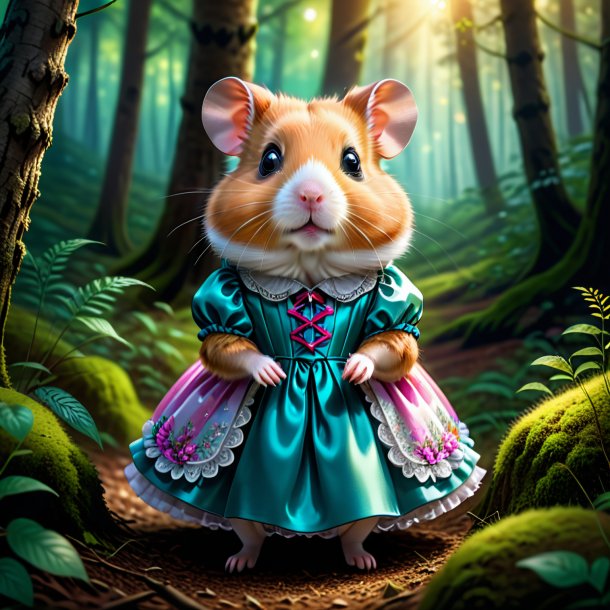 Drawing of a hamster in a dress in the forest