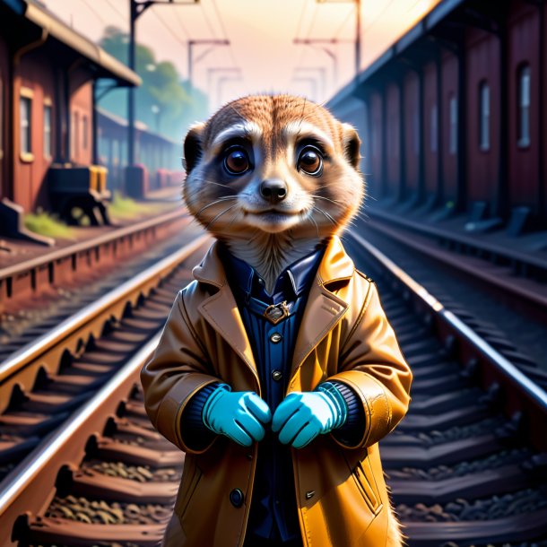Ilustración de un suricato en los guantes en las vías del ferrocarril