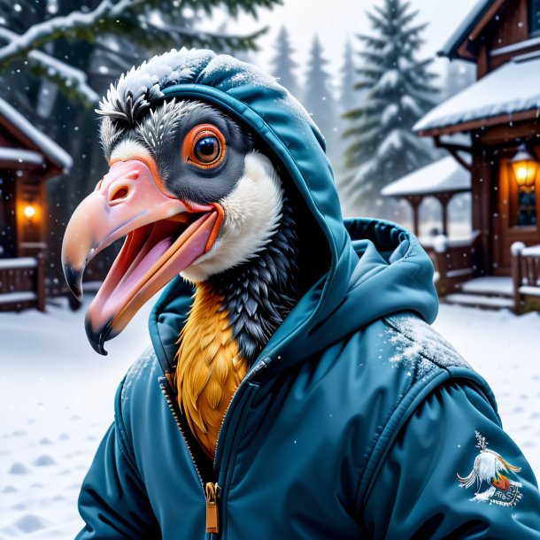 Photo of a dodo in a hoodie in the snow