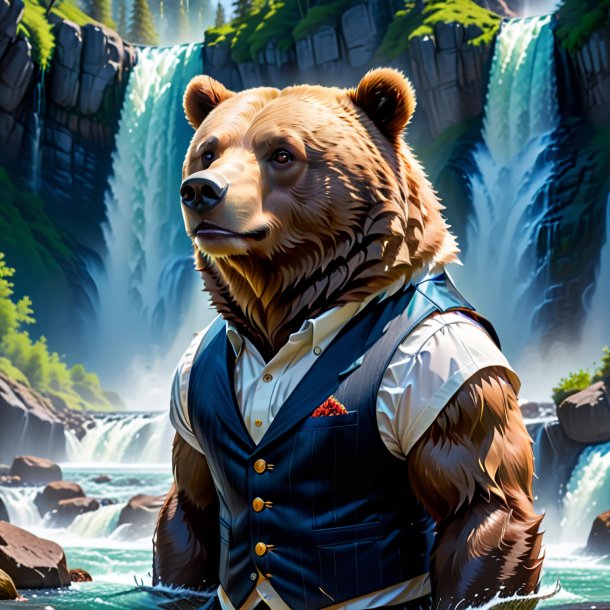 Image of a bear in a vest in the waterfall